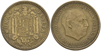 Испания 1 песета 1953 (63) Франсиско Франко (1939-1975) KM 775 алюминиевая бронза 3336-152