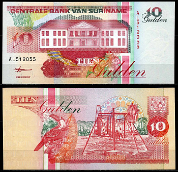 Суринам 10 гульденов 1998 10 февраля 1998 Pick 137b бумага UNC (пресс) 6287-6-1-2