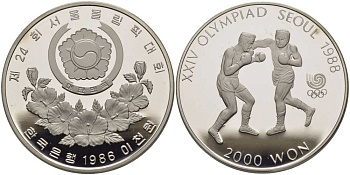 ЮЖНАЯ КОРЕЯ 2000 ВОН 1986 XXIV ОЛИМПИЙСКИЕ ИГРЫ В СЕУЛЕ 1988 ГОДА, БОКС, ТИРАЖ 140000 ЭКЗ. KM 50 никель PROOF 1076-10-44