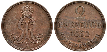 Брауншвейг-Каленберг-Ганновер 2 пфеннига 1862 B, Георг V (1851-1866) KM 234, AKS 153, J. 91 медь 4142-417