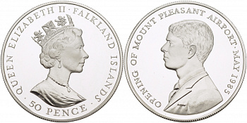 Фолклендские острова 50 пенсов 1985 открытие аэропорта Маунт-Плезант принцем Эндрю KM 21а серебро  PROOF  1068-2-31