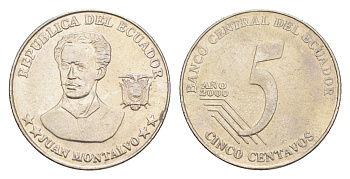 Эквадор 5 сентаво 2000 KM 105 нержавеющая сталь UNC 4640-1132