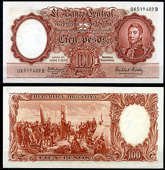Аргентина 100 песо ND (1954-1968) Генерал Сан Мартин, картина "Основание Буэнос-Айреса" Pick 272 (7)  бумага  UNC (пресс) 444-132-2-2
