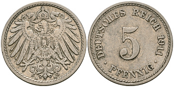 Германия 5 пфеннигов 1911 A KM 11, J. 12, Weege 6 медно-никель 4608-944