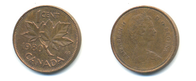 Канада 1 цент 1980 Елизавета II (1952-2022), кленовый лист KM 127 бронза 177-1357
