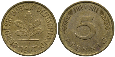 ФРГ 5 пфеннигов 1977 D KM 107 сталь плакированная латунью 4171-417