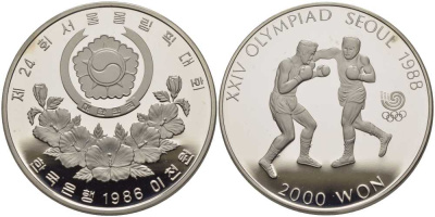 ЮЖНАЯ КОРЕЯ 2000 ВОН 1986 XXIV ОЛИМПИЙСКИЕ ИГРЫ В СЕУЛЕ 1988 ГОДА, БОКС, ТИРАЖ 140000 ЭКЗ. KM 50 никель PROOF 1076-10-44