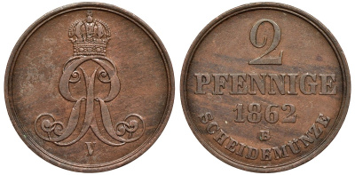 Брауншвейг-Каленберг-Ганновер 2 пфеннига 1862 B, Георг V (1851-1866) KM 234, AKS 153, J. 91 медь 4142-417