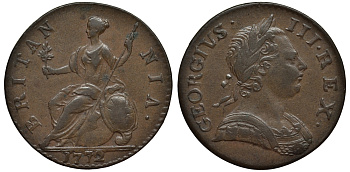 Великобритания 1/2 пенни 1772 Георг III (1760-1820) Spink 3774 медь 1523-932