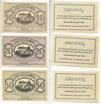 Австрия, Rannarield an der Donau набор из 3 банкнот 1920 20 июня 1920, нотгельд, 10, 20, 50 геллеров, первый выпуск   бумага   7555-14-1-2