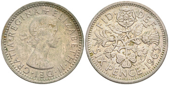 Великобритания 6 пенсов 1963 Елизавета II (1952-2022) KM 903, Spink 4149 медно-никель 192-238