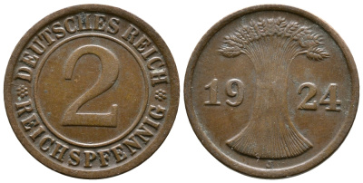 ГЕРМАНИЯ 2 РЕЙХСПФЕННИГА 1924 J KM 38, J. 314 бронза 176-225