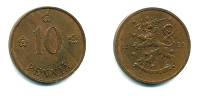 Финляндия 10 пенни 1924 республика (1918-1962) KM 24 медь 46-2627