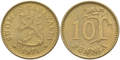 Финляндия 10 пенни 1971 S KM 46 алюминиевая бронза 219-1151