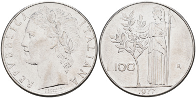 Италия 100 лир 1977 R, Афина KM 96.1 нержавеющая сталь 4117-335