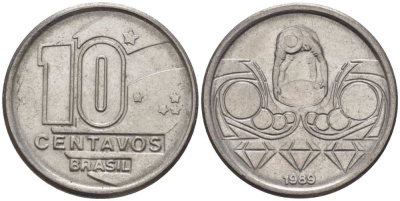 Бразилия 10 сентаво 1989 золотодобыча KM 613 нержавеющая сталь 116-1255