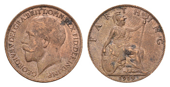 Великобритания 1 фартинг 1919 Георг V (1910-1936) KM 808.2, Spink 4060 бронза 4697-846
