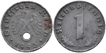 ГЕРМАНИЯ 1 РЕЙХСПФЕННИГ 1943 D KM 97, J. 369 цинк 4547-242