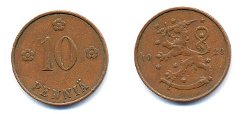 Финляндия 10 пенни 1929 республика (1918-1962) KM 24 медь 46-1634