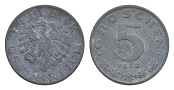 Австрия 5 грошей 1966 KM 2875 цинк 4567-526