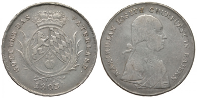 Бавария 1 талер 1803 Максимилиан I Иосиф (1799-1806-1825) KM 664, Dav. 546, Kahnt 56, Thun 38, AKS 9 серебро 00-000-00