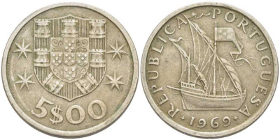 ПОРТУГАЛИЯ 5 ЭСКУДО 1969 ПАРУСНИК KM 591 медно-никель 213-253