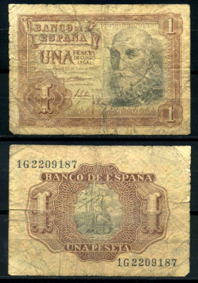 Испания 1 песета 1953 22 июля 1953, Мигель де Санта Круз Pick 144а бумага 7207-44-2-2