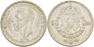 Швеция 1 крона 1949 TS, Густав VI Адольф (1950-1973) KM 814 серебро 4402-342
