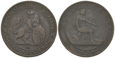 Испания 5 сентимо 1870 ОМ, лев со щитом KM 662 бронза 92-1023