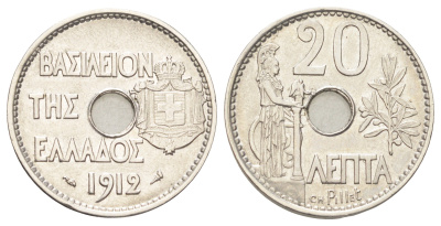 Греция 20 лепт 1912 Георг I (1863-1913), Афина KM 64 никель 202-547