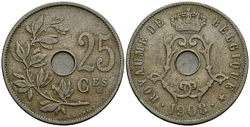 Бельгия 25 сантимов 1908 Belgique KM 62 медно-никель 4168-1133