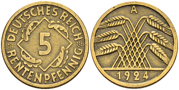 Германия 5 рентенпфеннигов 1924 A KM 32, J. 308 алюминиевая бронза 4151-647
