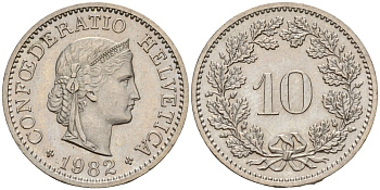 Швейцария 10 раппенов 1982 KM 27 медно-никель 4189-429