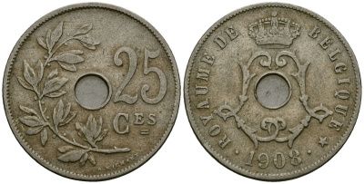 Бельгия 25 сантимов 1908 Belgique KM 62 медно-никель 4168-1133