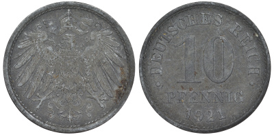 ГЕРМАНИЯ 10 ПФЕННИГОВ 1921 KM 26, J. 299 цинк 45-1268