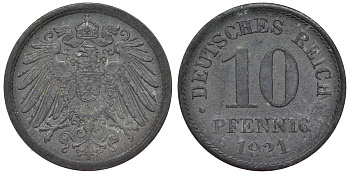 Германия 10 пфеннигов 1921 KM 26, J. 299, Weege 8 цинк 4119-314