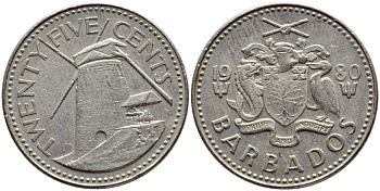 Барбадос 25 центов 1980 ветряная мельница Моргана Льюиса KM 13 медно-никель 4398-357