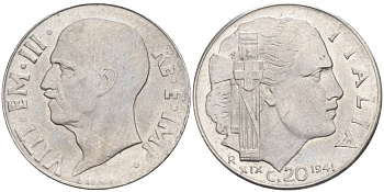 ИТАЛИЯ 20 ЧЕНТЕЗИМО 1941 R, ГОД XIX, ВИКТОР ЭММАНУИЛ III (1900-1946) KM 75b, VEM3. 1028 нержавеющая сталь 3853-931