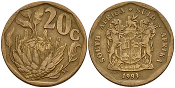 ЮАР 20 центов 1993 герб, цветок протея KM 136 сталь плакированная латунью 4173-729
