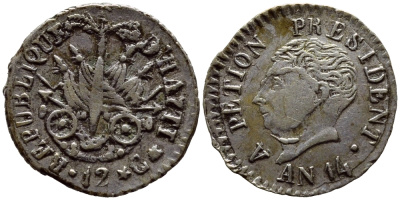 Гаити 12 сантимов 1817 14 год, Президент Александр Петион, большая голова KM 13 серебро 00-000-00