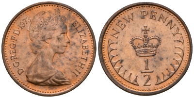 Великобритания 1/2 пенни 1973 Елизавета II (1952-2022) KM 914, Spink 4239 бронза 3955-1157