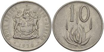 ЮАР 10 ЦЕНТОВ 1970 ГЕРБ, ЦВЕТОК АЛОЭ KM 85 никель 67-414