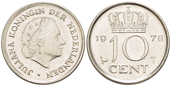 Нидерланды 10 центов 1978 Юлиана (1948-1980) КМ 182 никель 211-1235