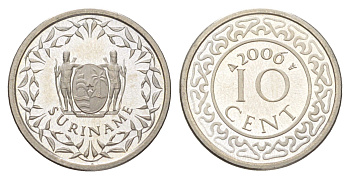 Суринам 10 центов 2006 тираж 1500 экземпляров KM 13a медно-никель BU 4625-336