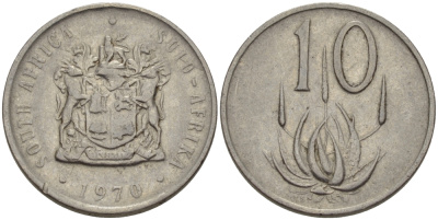 ЮАР 10 ЦЕНТОВ 1970 ГЕРБ, ЦВЕТОК АЛОЭ KM 85 никель 67-414