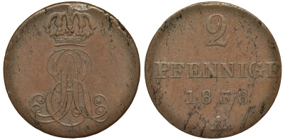 Ганновер 2 пфеннига 1838 A, Эрнст Август (1837-1851) KM 174.1, AKS 122, J. 55 медь 4681-1135