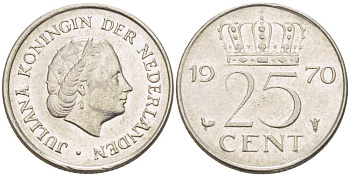 НИДЕРЛАНДЫ 25 ЦЕНТОВ 1970 ЮЛИАНА (1948-1980) KM 183 никель 214-956