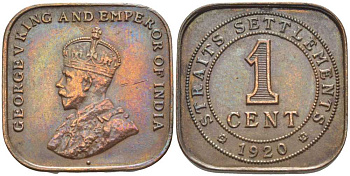 Стрейтс-Сетлментс 1 цент 1920 Георг V (1910-1936) KM 32 бронза 108-1146