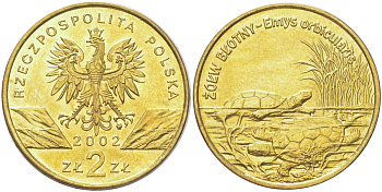 Польша 2 злотых 2002 Всемирная природа - Болотная черепаха Y 427 латунь UNC 4122-1213