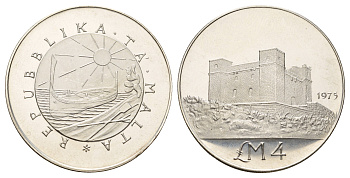 Мальта 4 лиры (фунта) 1975 Башня Святой Агаты KM 33 серебро BU 270-611